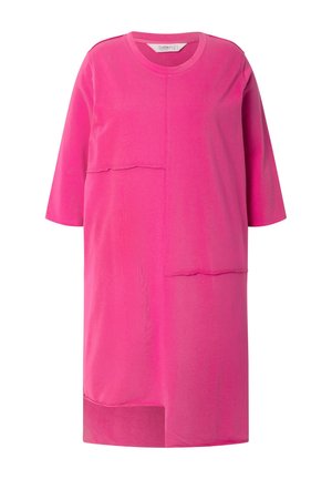 Pink T-shirt dress with short sleeves, featuring a relaxed fit, textured fabric, and asymmetrical patchwork design. Cut-out detail at hem.