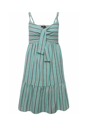 Abito a righe con un corsetto aderente, dettaglio con fiocco, spalline sottili e una gonna svasata. I colori includono turchese, bianco, rosa e lavanda.