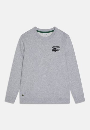 Sweat-shirt gris clair à manches longues avec col rond, logo Lacoste noir et emblème de crocodile sur la poitrine, ainsi qu'un petit emblème de crocodile vert près de l'ourlet.
