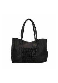 Bolso tote de cuero negro con textura suave, con un panel de textura de cocodrilo y un detalle de charm de ancla. Dos asas resistentes.