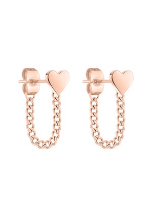 Boucles d'oreilles clous en or rose avec des dessus en forme de cœur reliés par de courts maillons de chaîne.