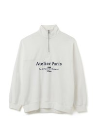 Felpa bianca con colletto alto e mezza zip, caratterizzata da testo blu navy "Atelier Paris" e ulteriori dettagli sottostanti. Tessuto misto cotone.