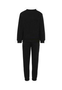 Czarny zestaw z bawełnianym pulowerem i dresami. Pulower ma ściągacze na mankietach i u dołu, natomiast spodnie dresowe mają elastyczne ściągacze przy kostkach.