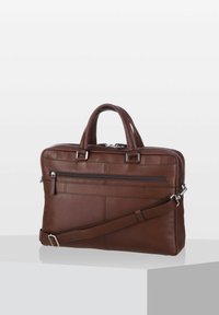 Borsa per laptop in pelle marrone con due manici superiori, tracolla regolabile, molteplici cerniere e tasche esterne con dettagli cuciti.