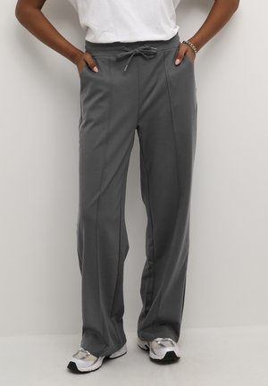 Grey lounge pants with a drawstring waist, side pockets, and a relaxed fit. Fabric appears soft with a smooth texture and clean lines.