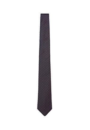 Schwarze Krawatte mit kleinen weißen Polka-Punkten, gleichmäßig über den Stoff verteilt, flach auf weißem Hintergrund dargestellt.