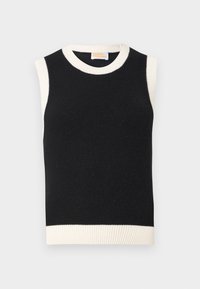 Top de punto negro sin mangas con cuello, bordes de mangas y dobladillo de canalé blanco, etiquetado como "From Future."