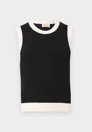 Top senza maniche di colore nero in maglia, con collo a costine bianche, bordi delle maniche e orlo, etichettato "From Future."