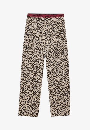 Beige en zwarte broek met luipaardprint, met een rode merkbund. Gemaakt van zachte stof en voorzien van een volledig dierenpatroon.