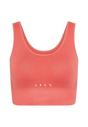 Top sportivo corallo con scollo a giro, texture a costine e logo sull'orlo. Presenta un design aderente per offrire supporto durante le attività.