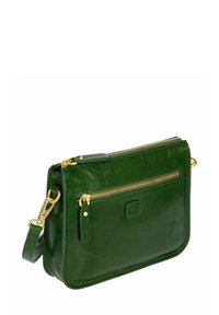 Sac bandoulière en cuir vert avec quincaillerie dorée, compartiments zippés, texture lisse et bandoulière réglable.