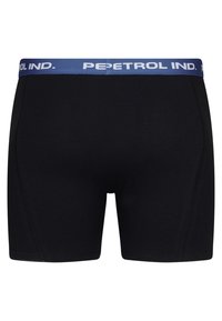 Boxers en coton noir avec une ceinture élastique bleue portant le texte "PEPETROL IND." Texture lisse et design ajusté.