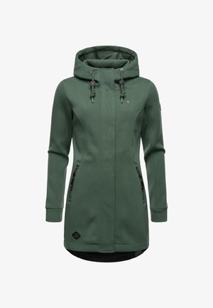 Roheline kapuutsiga jaki, millel on tekstureeritud viimistlus, varustatud lukuga küljetaskute ja vasakul varrukal oleva logopatchiga. Stiilne disain, millel on keha järgi sobiv lõige.