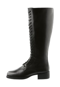 Black leather knee-high boots featuring a lace-up front, round toe, and block heel, with a smooth texture and no visible patterns.
