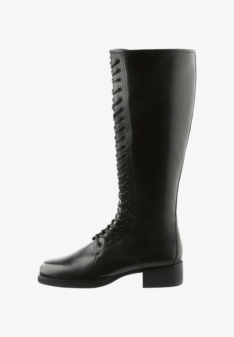 Black leather knee-high boots featuring a lace-up front, round toe, and block heel, with a smooth texture and no visible patterns.