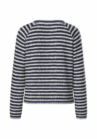 Gestreepte trui in marineblauw en wit, met een zachte textuur, lange mouwen en een ronde halslijn. Rechte zoom met zijsplitten.