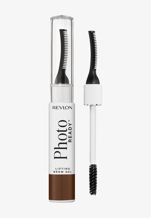 Gel lifting pour sourcils Revlon PhotoReady avec applicateur double embout : une brosse goupillon et un peigne incurvé sous un capuchon transparent.