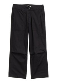 Zwarte cargo-broek met wijde pijpen, vervaardigd van lichtgewicht stof, met twee voorkruiden en één zij-vakken. Sluiting met knoop aan de voorkant.
