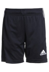 Svarta träningsshorts med en mjuk textur, utrustade med elastisk midja och vita detaljer, inklusive Adidas-logotypen på nedre högra sidan.