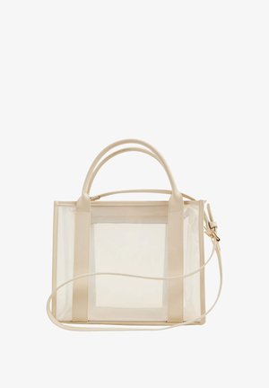Borsa in PVC trasparente con dettagli in pelle beige, manici doppi e tracolla removibile. Presenta una forma rettangolare strutturata.