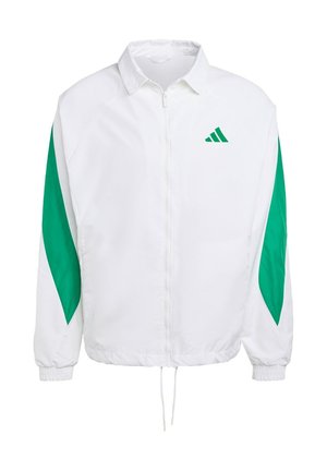 Hvid vindjakke med grønne sidelommer. Har en frontlynlås, elastiske manchetter og snortræk i kanten. Sportsmærkets logo på brystet.