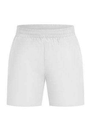 White shorts made from lightweight fabric featuring an elastic waistband and smooth texture, designed for comfort and ease of movement.