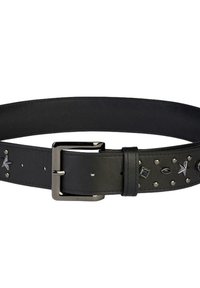 Cintura in pelle nera con superficie liscia, fibbia argentata e borchie decorative di varie forme su un lato. Regolabile con più fori.