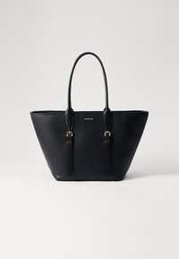 Sac fourre-tout en cuir noir avec finition texturée, forme allongée, doubles poignées et accents en métal doré.