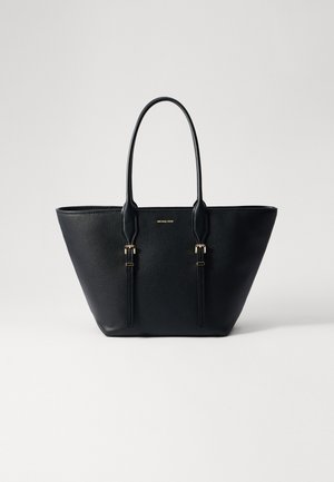 Black leather tote bag with textured finish, elongated shape, dual handles, and gold-tone hardware accents.