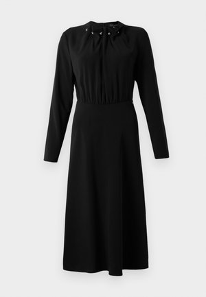 Black long-sleeve dress with gathered neckline, center buttons, and a flared skirt. Made of smooth fabric, knee-length design.