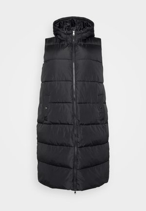 Μαύρο αμάνικο γιλέκο με κουκούλα, που διαθέτει αφράτες ραμμένες επιφάνειες, μπροστινό φερμουάρ και πλαϊνές τσέπες. Λείο, γυαλιστερό υλικό.