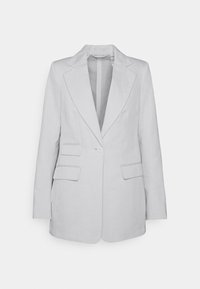 Blazer de linho cinza claro com lapela dentada, fecho de botão único e duas bolsos frontais, com um ajuste ajustado. Textura suave.