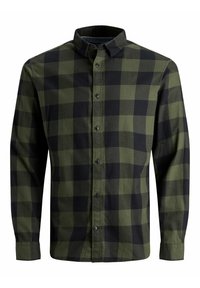 Camicia di flanella a scacchi verdi e neri con colletto button-down, maniche lunghe e bottoni neri, realizzata in un tessuto morbido e testurizzato.