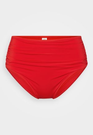 Hoge taille rode zwemonderdelen met geplooide details, een soepele textuur en een effen kleurdesign. Geschikt voor wateractiviteiten.