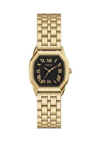 Gold-tone octagonal metal watch with a black textured dial and Roman numeral markers; features a linked bracelet style band.