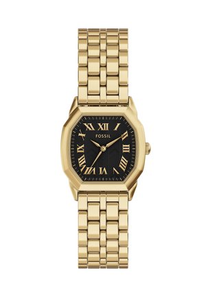 Montre en métal octogonale dorée avec un cadran noir texturé et des marqueurs en chiffres romains ; dotée d'un bracelet à maillons.