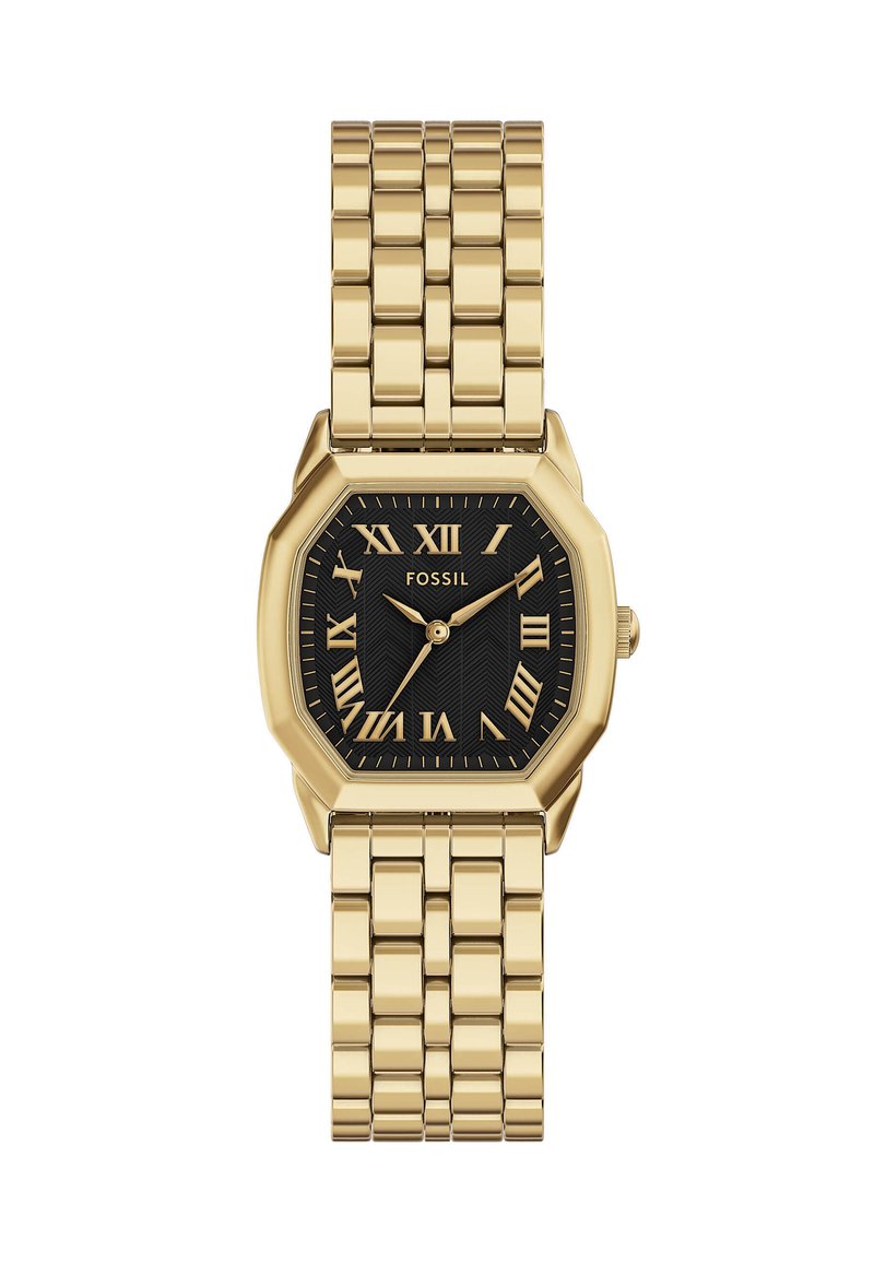 Gold-tone octagonal metal watch with a black textured dial and Roman numeral markers; features a linked bracelet style band.