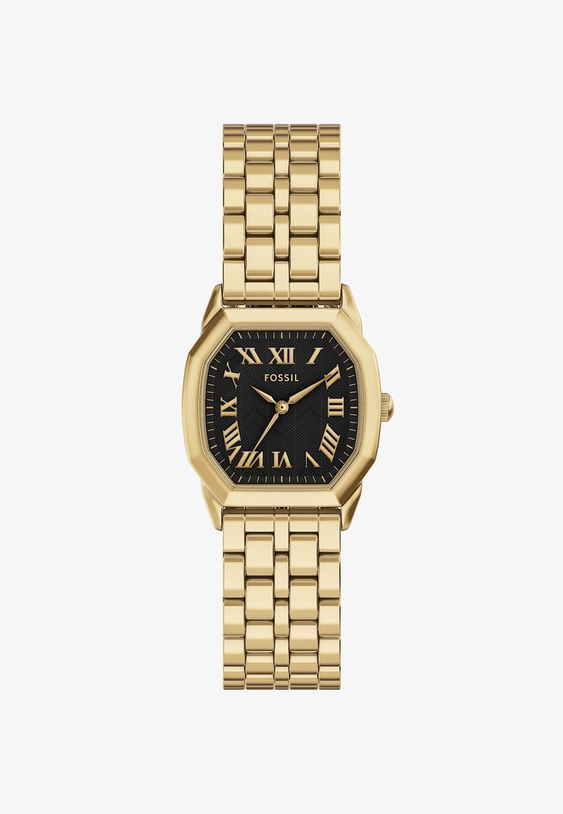 Montre en métal octogonale dorée avec un cadran noir texturé et des marqueurs en chiffres romains ; dotée d'un bracelet à maillons.
