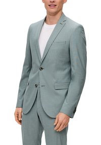 Hellblaues Sakko mit strukturiertem Muster, einreihiger Schnitt, zwei Knöpfe und Reverskragen. Getragen über einem weißen Hemd.