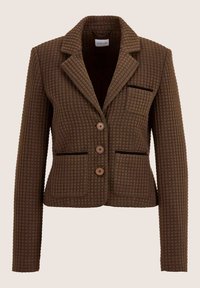Bruine geborduurde blazer met drie knopen, notch-kraag, lange mouwen en drie voorzakken met fluwelen afwerking.