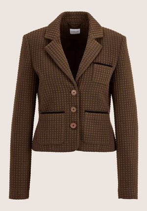 Brown quilted blazer with three buttons, notch collar, long sleeves, and three front pockets with velvet trim detailing.