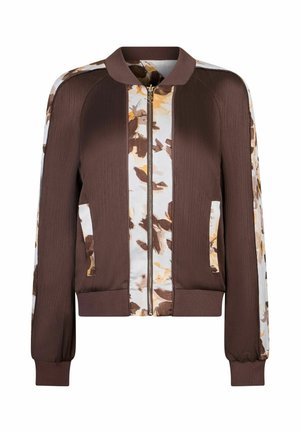 Brūna zip-up bomber jaka ar baltām un brūnām ziedu raksta panelēm priekšpusē, piedurknēs un kabatās, ar ribotu aproci un apkakli.