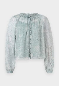 Hellblaue, transparente Bluse mit Blumenmuster, gerafftem Ausschnitt, langen Puffärmeln und Knopfverschluss vorne.