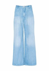Light blue wide-leg jeans made of denim, featuring a high waist, button closure, and visible stitching details, with a clean finish at the hem.
