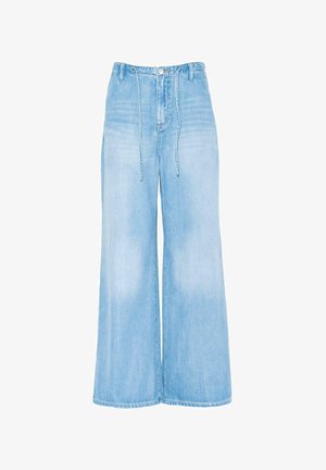 Lys blå vid bukse laget av denim, med høy midje, knappelukking og synlige sømdetaljer, med en ren finish i kanten.