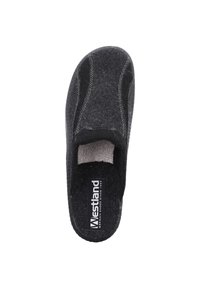 Zwarte vilten pantoffel met een gestructureerde rubberen zool, met een gevoerde binnenzool en gestikt detail langs de bovenkant. Merken zichtbaar aan de binnenkant.