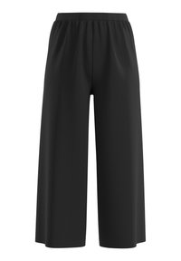 Un pantalon large noir en tissu côtelé. Il présente une taille élastique et une coupe décontractée. Pas de poches visibles ni de détails en métal.