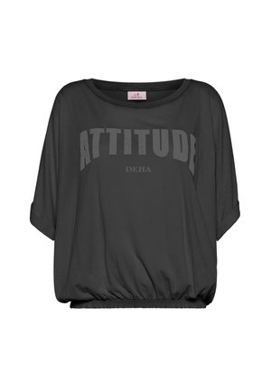 Black oversized T-shirt with a round neckline, rolled short sleeves, and gathered hem. Features the word "ATTITUDE" in bold gray print.