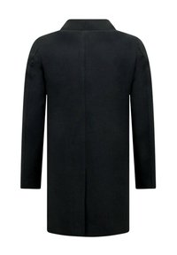 Zwart lang mouw jas met een rechte pasvorm, kraag en een naad in het midden aan de achterkant, gezien van achteren op een witte achtergrond.