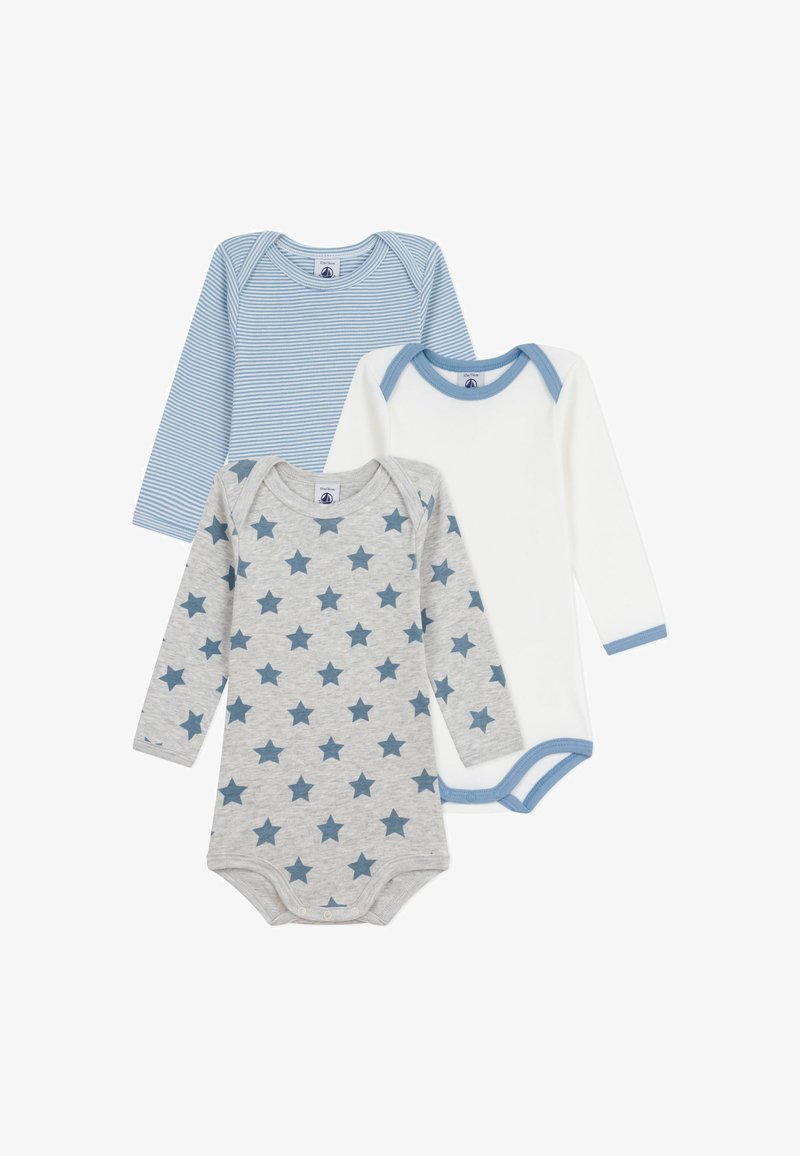 Trys ilgomis rankovėmis bodysuitai: šviesiai mėlynas dryžuotas, baltas su mėlynais kraštais ir pilkas su mėlynomis žvaigždžių raštais. Minkšta medvilnė.